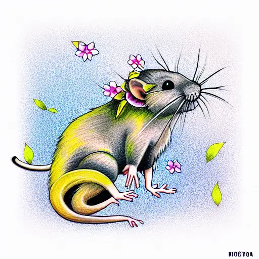 Colored rat with sakura flowers tattoo design idea