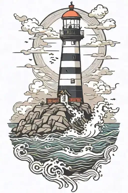 Non-working Lighthouse On A Rock In The Sea With Thunderstorm And Waves Tattoo Idea tattoo design idea