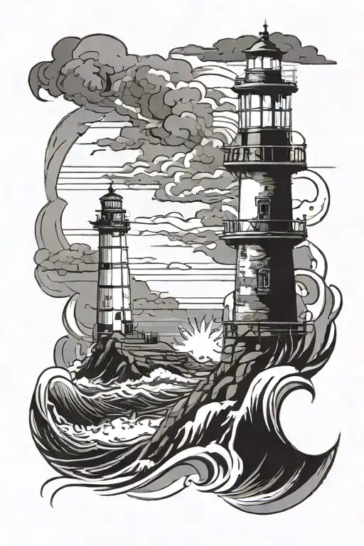 Non-working Lighthouse On A Rock In The Sea With Thunderstorm And Waves Tattoo Idea tattoo design idea