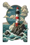 Non-working lighthouse on a rock in the sea with thunderstorm and waves tattoo design idea