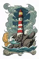 Non-working lighthouse on a rock in the sea with thunderstorm and waves tattoo design idea