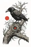 crow on a dead tree with big red demon eye above it tattoo design idea