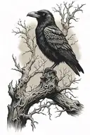 crow on a dead tree with big red demon eye above it tattoo design idea
