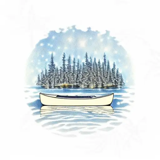 A peaceful lakeside scene with a canoe, trees, and a starry sky reflecting on the water tattoo design idea