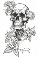 decaying skull, red carnations, weathered white flag tattoo design idea