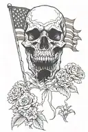 decaying skull, red carnations, weathered white flag tattoo design idea