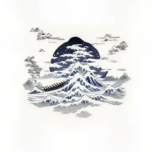 gorillaz floating windmill island next to rising sun with the great wave of hokusai tattoo design idea