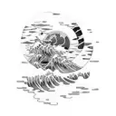 gorillaz floating windmill island next to rising sun with the great wave of hokusai tattoo design idea