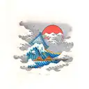gorillaz floating windmill island next to rising sun with the great wave of hokusai tattoo design idea