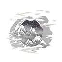 gorillaz floating windmill island next to rising sun with the great wave of hokusai tattoo design idea