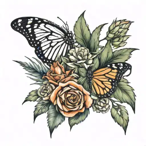 floral tattoo design with multiple roses, a monarch butterfly, and agave plant. bright colors  tattoo design idea