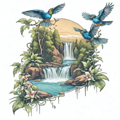 A realistic tattoo of a serene waterfall cascading into a creek, surrounded by lush greenery and birds in flight, capturing the client's love for waterfalls and birdwatching tattoo design idea