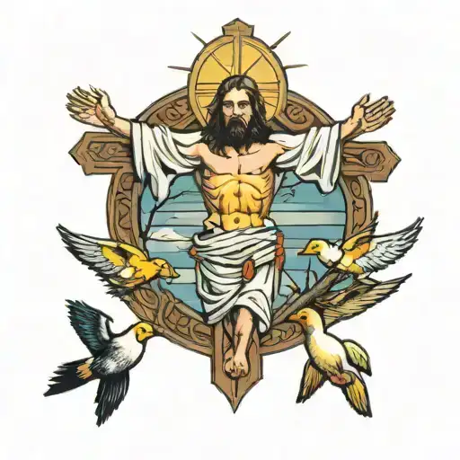 Jesus on cross with ducks flying tattoo design idea