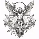 Jesus on cross with ducks flying tattoo design idea