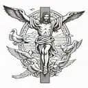 Jesus on cross with ducks flying tattoo design idea