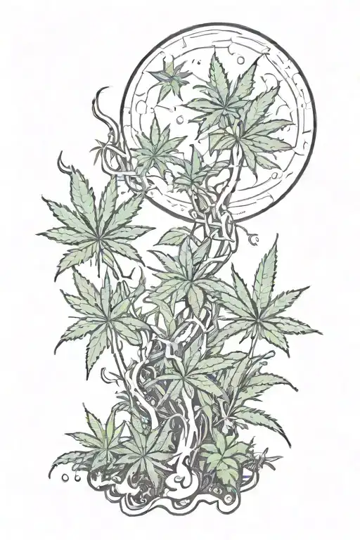 A garden scene with marijuana plants intertwined with crystal formations, under a crescent moon tattoo design idea
