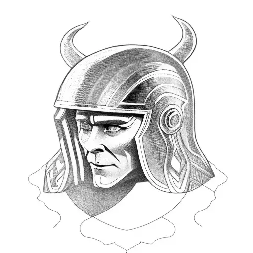 Loki from norsk mythology in helmet viewed from left tattoo design idea