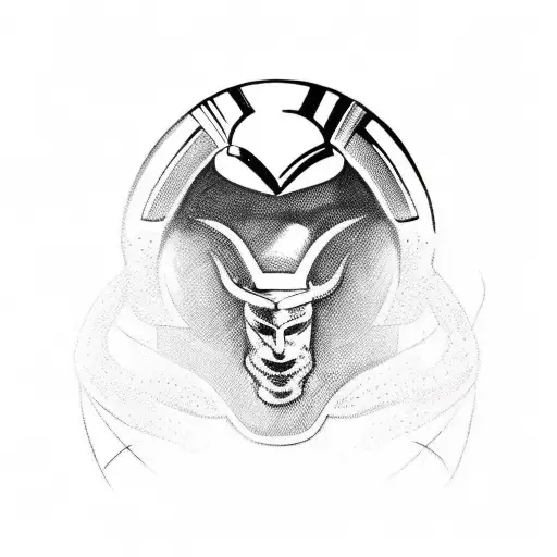 Loki from norsk mythology in helmet viewed from left tattoo design idea