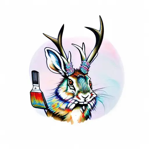 A traditional-style jackalope holding a paintbrush and palette, representing the client's passion for art tattoo design idea