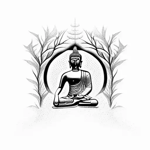A serene Buddha meditating under a tree of life, with swallows flying around, symbolizing peace, growth, and freedom, in dotwork style tattoo design idea