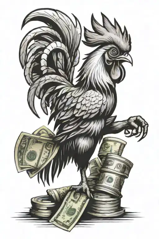 Fighting Rooster picking up rolls of $100 bills tattoo design idea