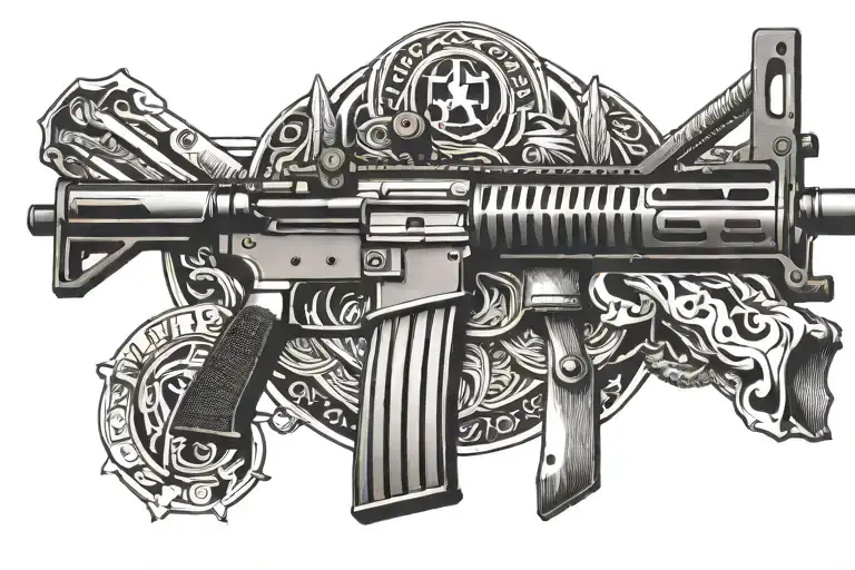 A tattoo design of a International Harvester emblem with ar15 rifles on each side  tattoo design idea
