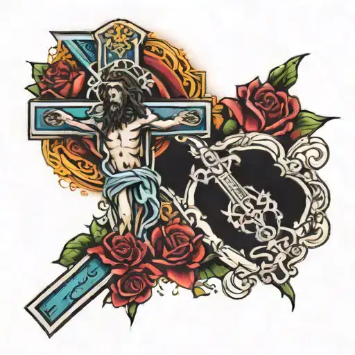 Jesus in the background with a cross and Roman's 8:11 verse tattoo design idea