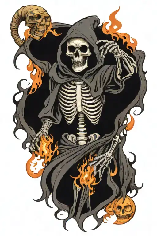 demonic firey skeletons and flaming grim reaper full body tattoo design idea
