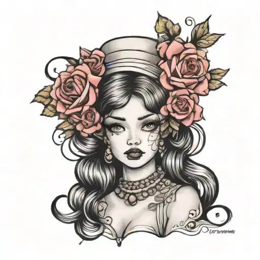lolita girl and roses blooming tattoo design idea