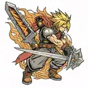 A tattoo of Cloud Strife from Final Fantasy 7 wielding his iconic Buster Sword in a dynamic battle pose tattoo design idea