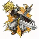 A tattoo of Cloud Strife from Final Fantasy 7 wielding his iconic Buster Sword in a dynamic battle pose tattoo design idea