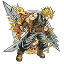 A tattoo of Cloud Strife from Final Fantasy 7 wielding his iconic Buster Sword in a dynamic battle pose tattoo design idea