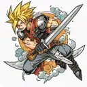 A tattoo of Cloud Strife from Final Fantasy 7 wielding his iconic Buster Sword in a dynamic battle pose tattoo design idea