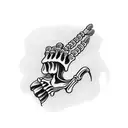 memento mori written with one skeleton hand and a normal hand touching black and white tattoo design idea