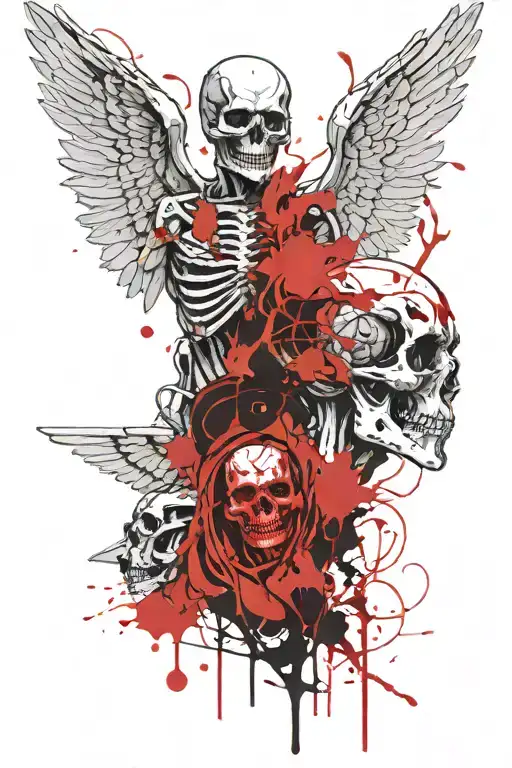 Two warrior angels whisper to a skull  tattoo design idea