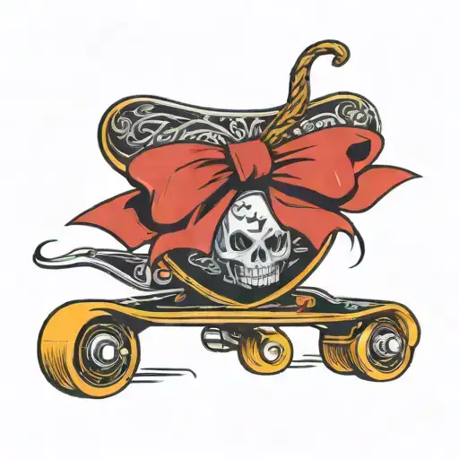 Skateboard with a ribbon wrapped around it that says R.I.P Worm tattoo design idea
