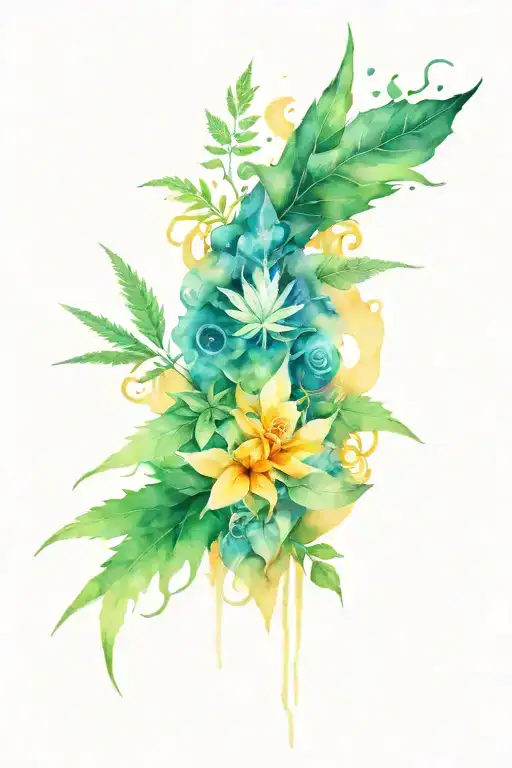 An intricate floral design incorporating cannabis flowers, with hidden elements representing your family (D, C, S) and Cheese and Wally, all intertwined in a beautiful bouquet tattoo design idea