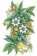 An intricate floral design incorporating cannabis flowers, with hidden elements representing your family (D, C, S) and Cheese and Wally, all intertwined in a beautiful bouquet tattoo design idea
