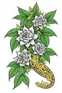 An intricate floral design incorporating cannabis flowers, with hidden elements representing your family (D, C, S) and Cheese and Wally, all intertwined in a beautiful bouquet tattoo design idea