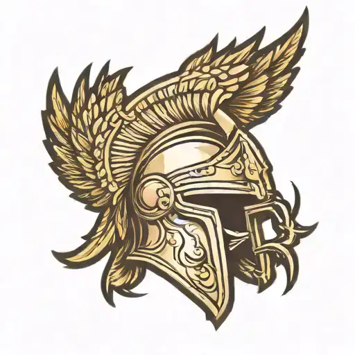 front facing spartan helmet wings surrounded tattoo design idea
