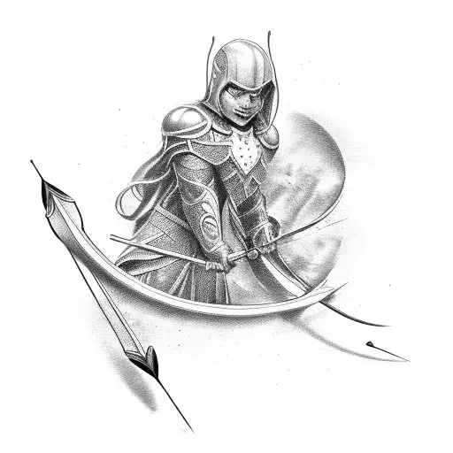 family based bow and arrow that goes from bottom half of knee to half way down shin tattoo design idea