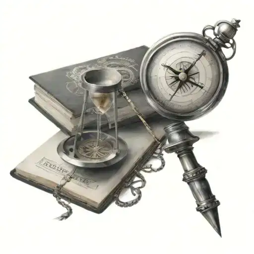 hyper realistic compass and hourglass sitting on books tattoo design idea