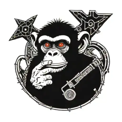 a sci-fi monkey with an eye augmentation smoking a cigar andaiming a battered revolver. tattoo design idea