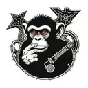 a sci-fi monkey with an eye augmentation smoking a cigar andaiming a battered revolver. tattoo design idea