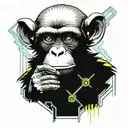 a sci-fi monkey with an eye augmentation smoking a cigar andaiming a battered revolver. tattoo design idea