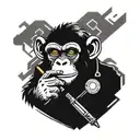 a sci-fi monkey with an eye augmentation smoking a cigar andaiming a battered revolver. tattoo design idea