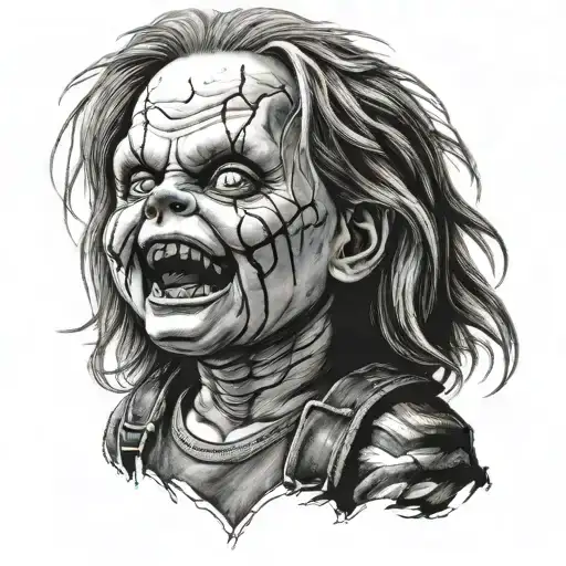 chucky and half skeleton head tattoo design idea