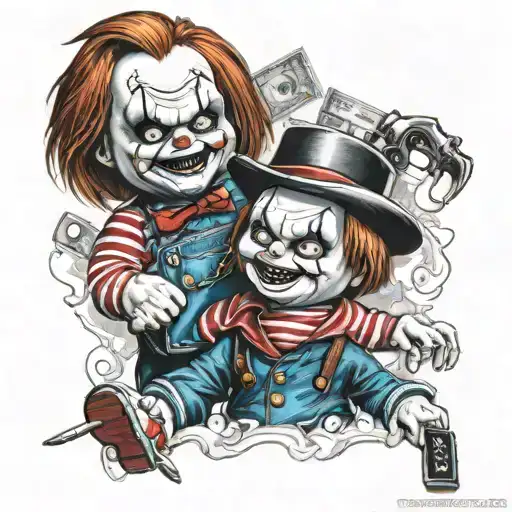 chucky and monopoly guy tattoo design idea