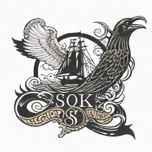 S.O.K lettering in Chicano style tattoo with frigate bird and ocean with cross tattoo design idea
