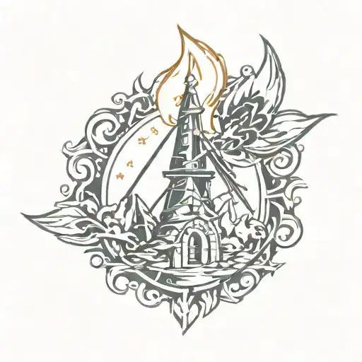 A flame with the style of the Guild Wars 2 elementalist symbol that includes a steady rock or mountain with a windmill tattoo design idea